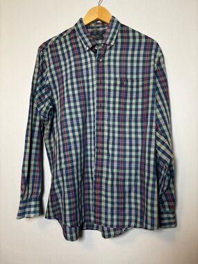 Vintage Christian Dior Shirt Men Large Purple Blue Plaid Button Up Designer 80s